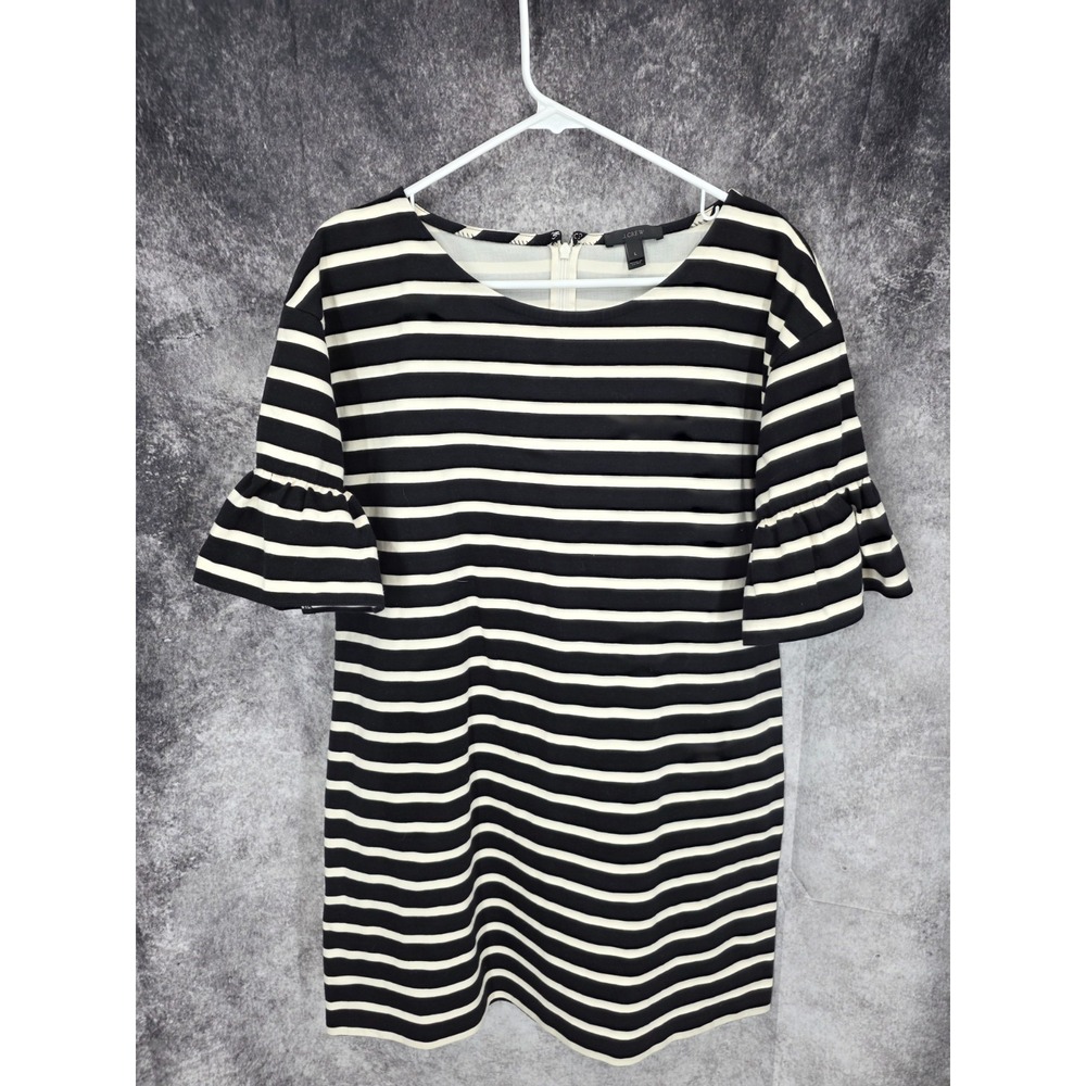 J. Crew Shift Dress Womens Large Black Striped‎ Ruffle Sleeve Casual Feminine